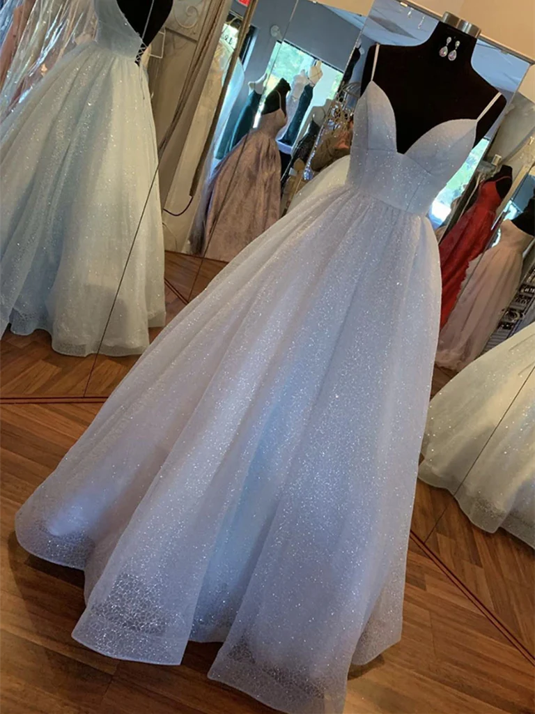 A-Line V-Neck backless sequined long prom dress.