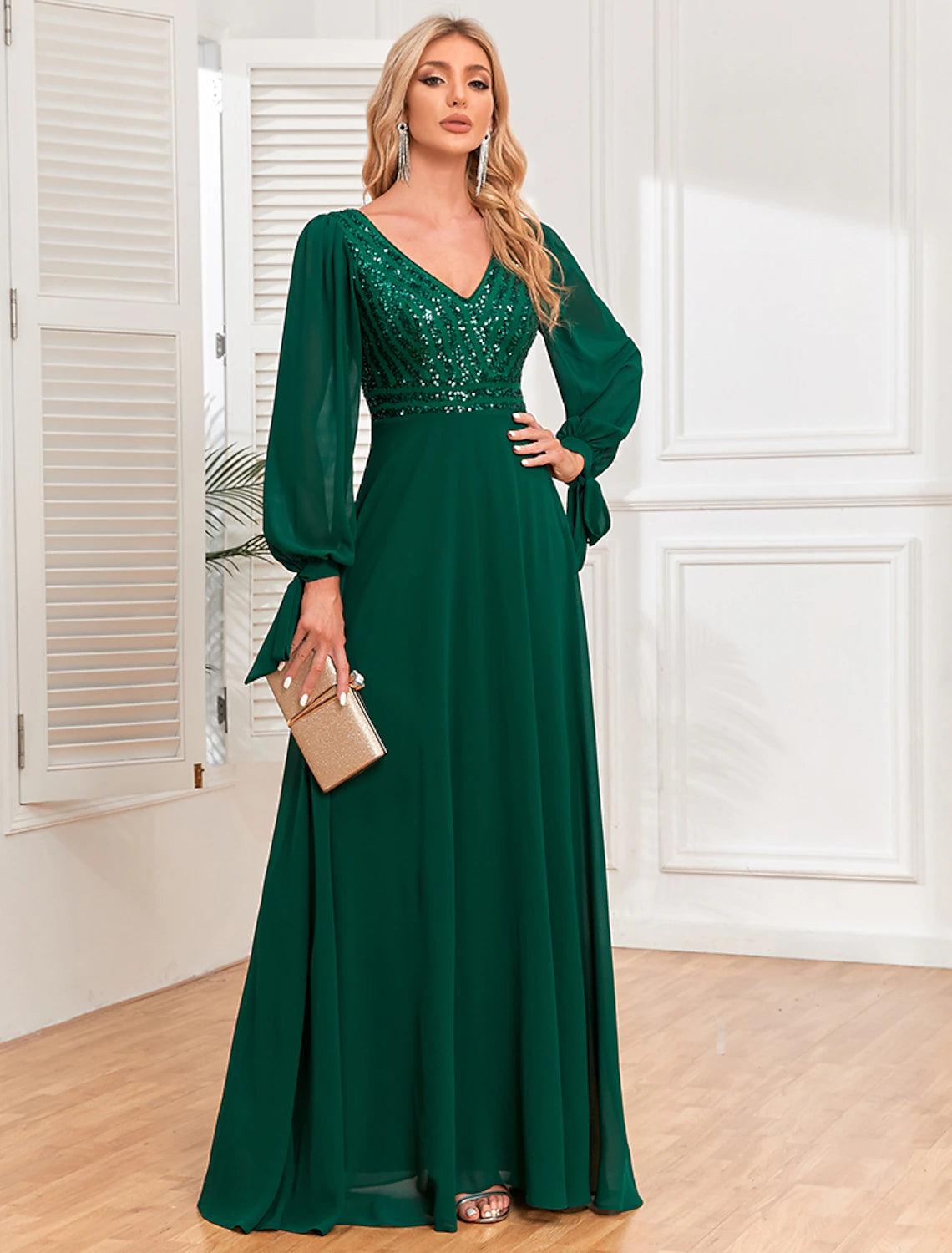 Close-up of the sequin and chiffon fabric on the evening gown.