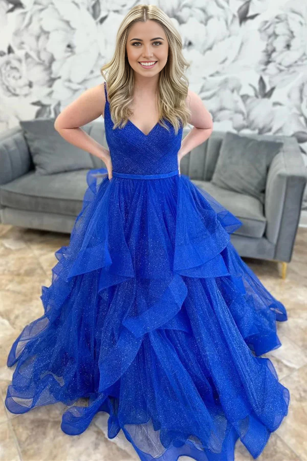 Royal blue sparkle tulle V-neck A-line long prom dress.