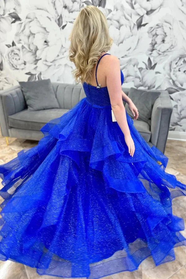 Close-up of royal blue sparkle tulle multi-layer fabric.