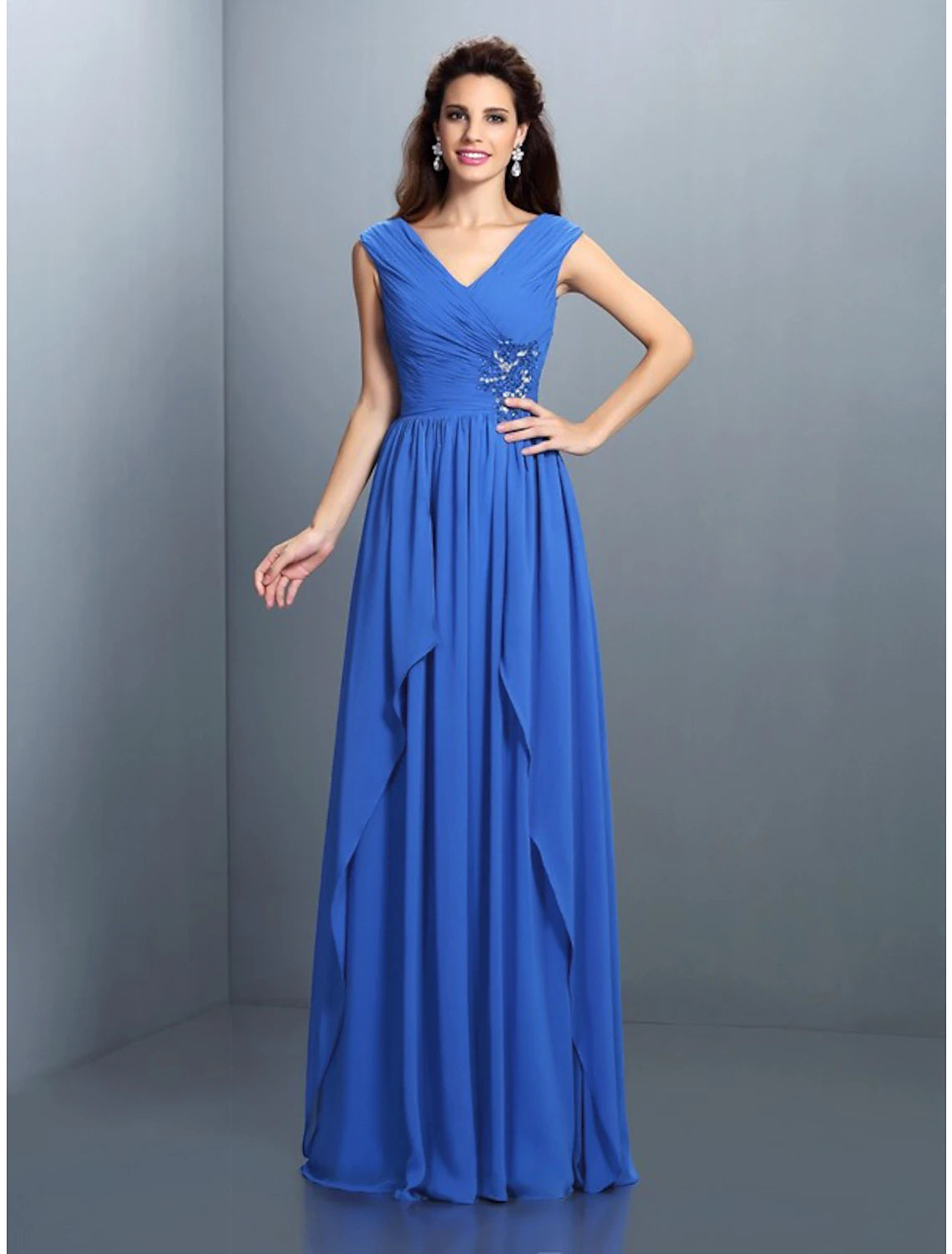 Back view of the floor-length A-line evening gown.