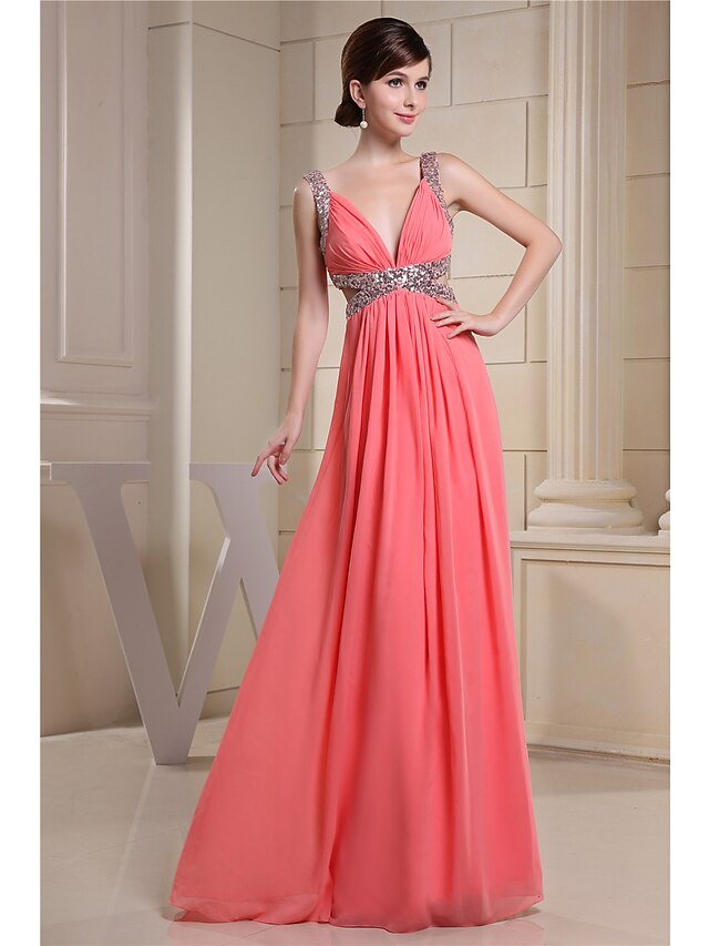 Full view of the floor-length sequin chiffon formal dress.