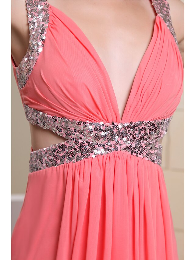 Back view of the elegant sleeveless A-line evening dress.