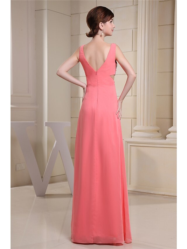 Side view of the sparkling chiffon gown with delicate pleats.