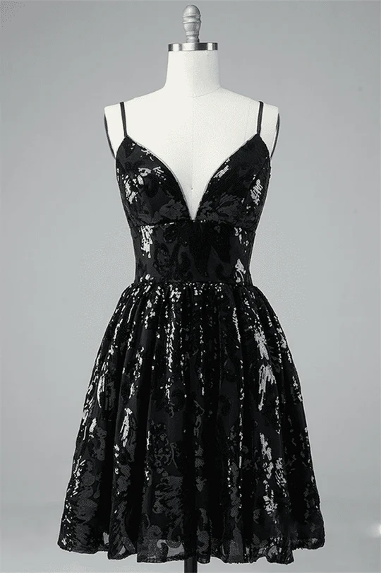 Front view of a sparkling A-line V-neck sequin mini dress with lace-up back.