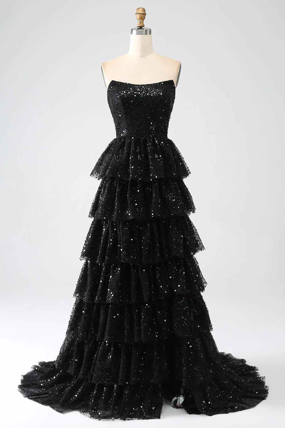 Black A-line sequin tiered prom dress with V-neck and high slit.