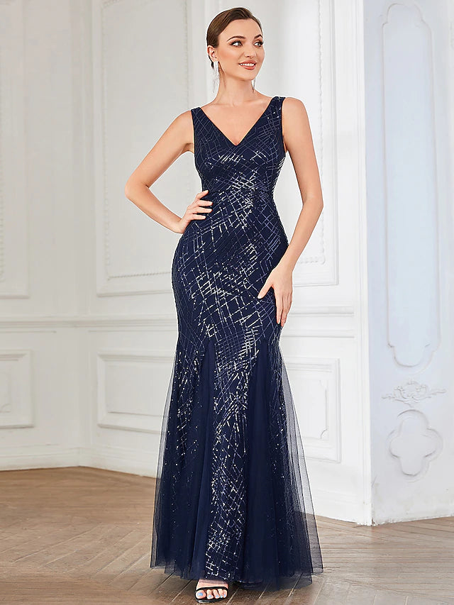 Front view of an elegant A-line V-neck sequin tulle floor length party dress.