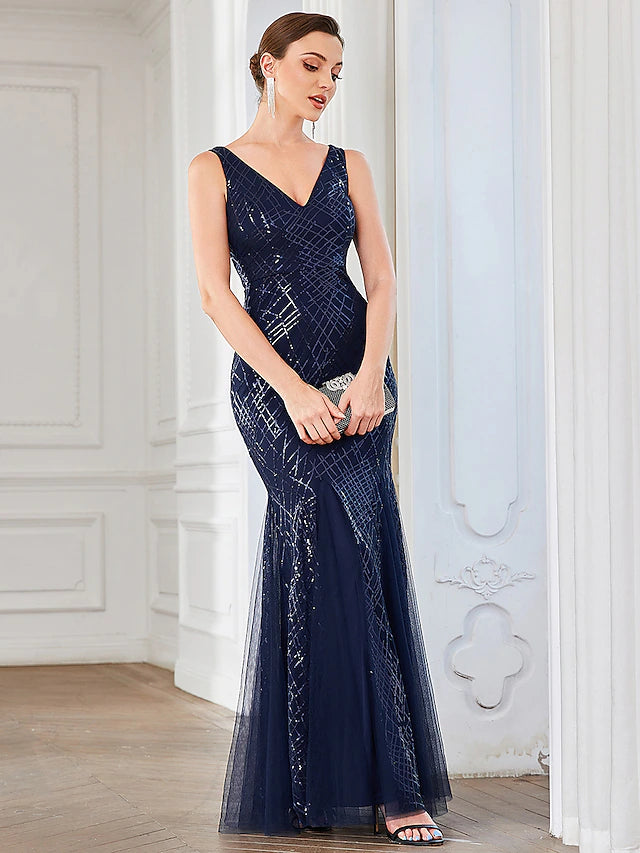 Side view of an A-line V-neck sequin tulle floor length dress.