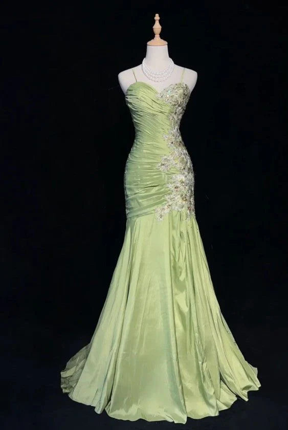 Sparkling A-line V-neck long prom dress with spaghetti straps.