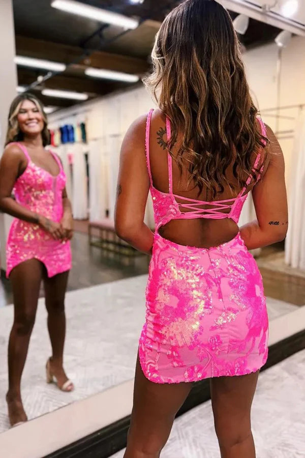 Back view of a short A-line glitter homecoming dress.
