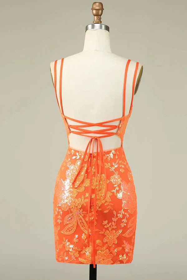 Full length view of a glitter A-line dress with spaghetti straps.