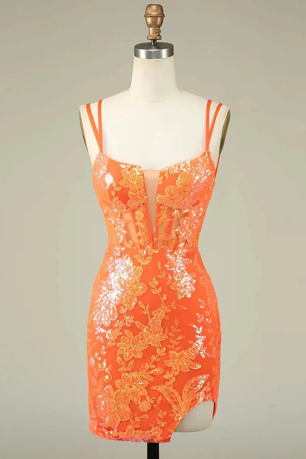 Detail of the V-neckline and spaghetti straps on a sequin dress.