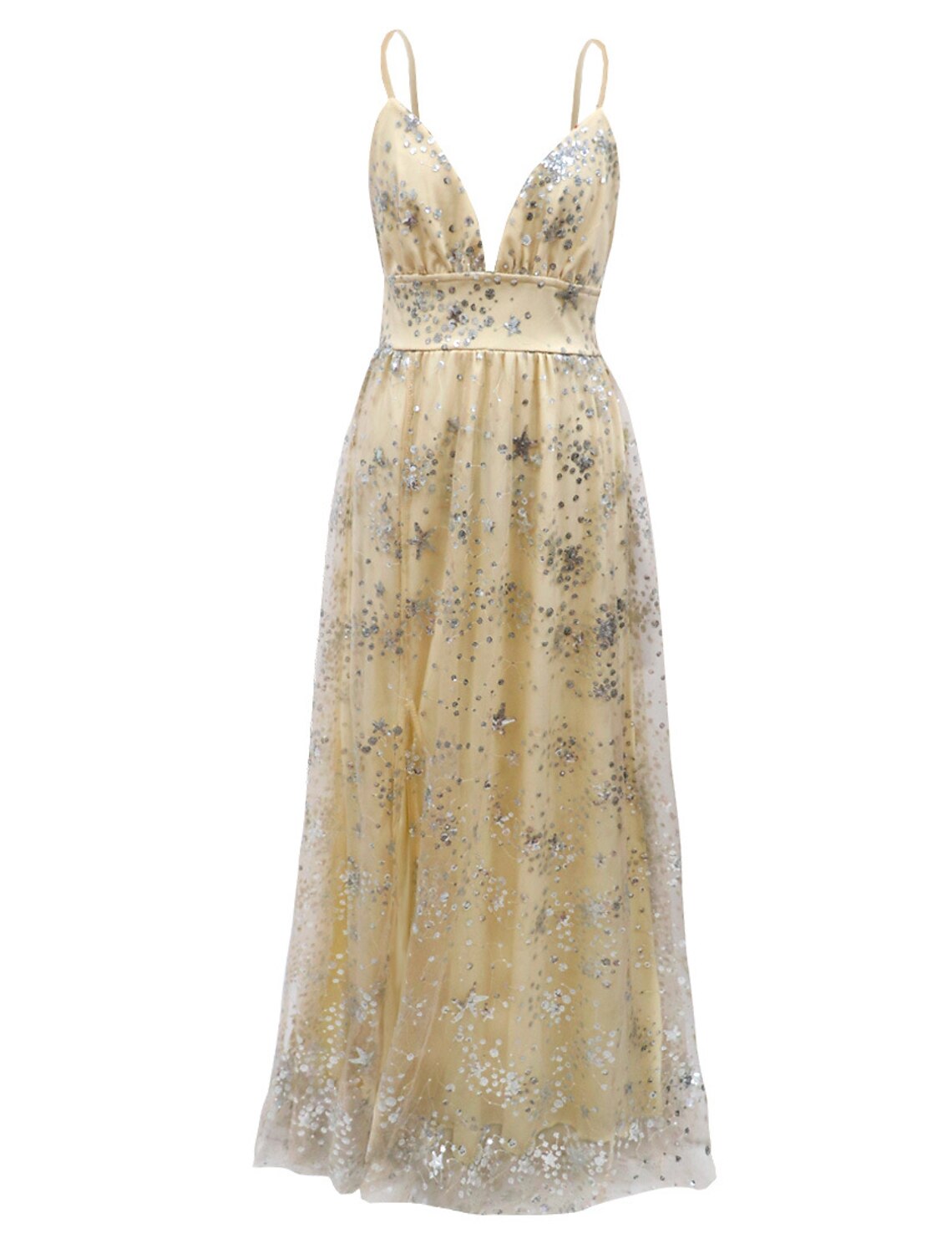 Front view of a sparkling A-line V-neck prom dress with tiered sequin tulle.