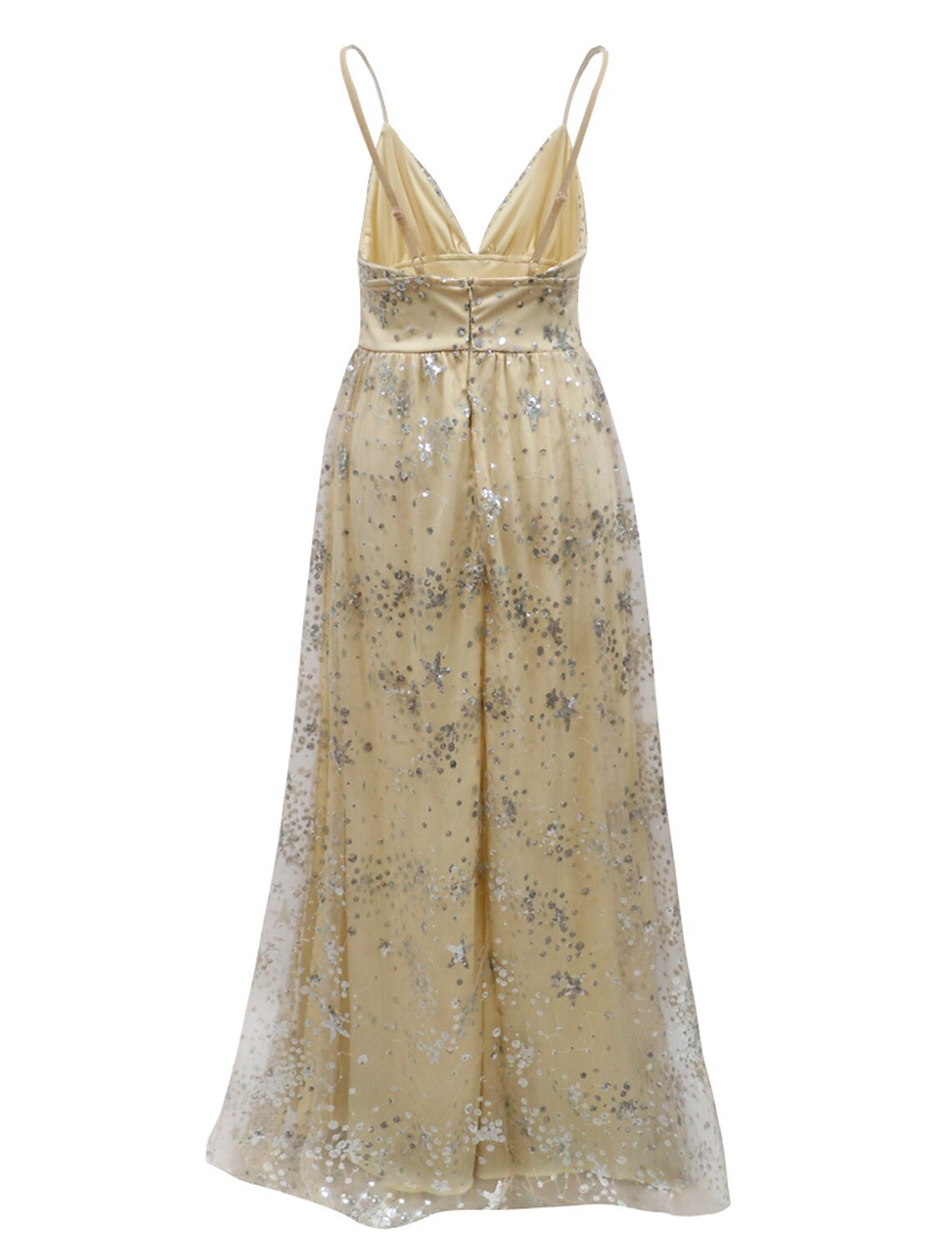 Side view of the A-line V-neck sequin tulle dress, showing floor-length skirt.