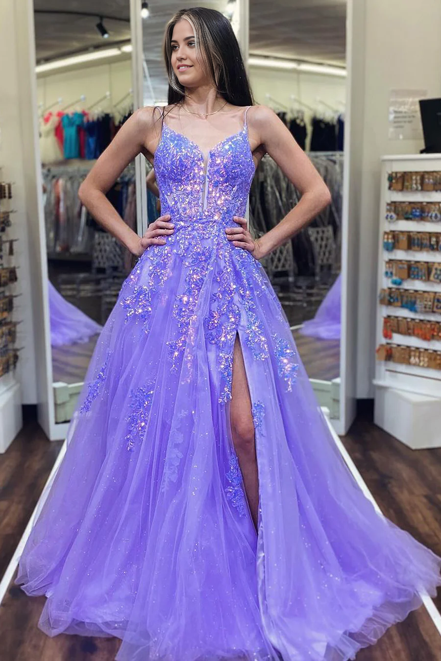 Light purple A-line V-neck prom dress with sequins and a high slit.