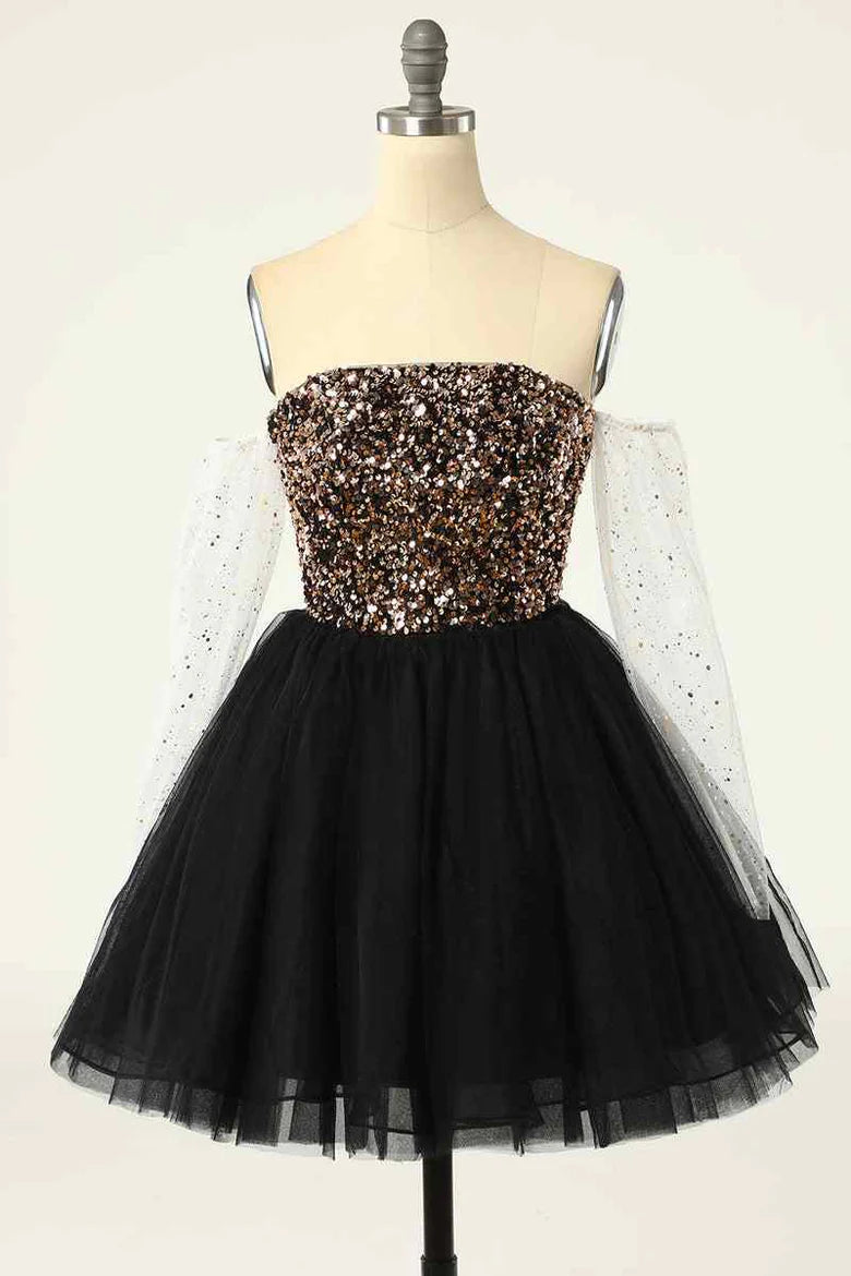 Model wearing a sparkling A-line off-shoulder long sleeve sequin homecoming dress.