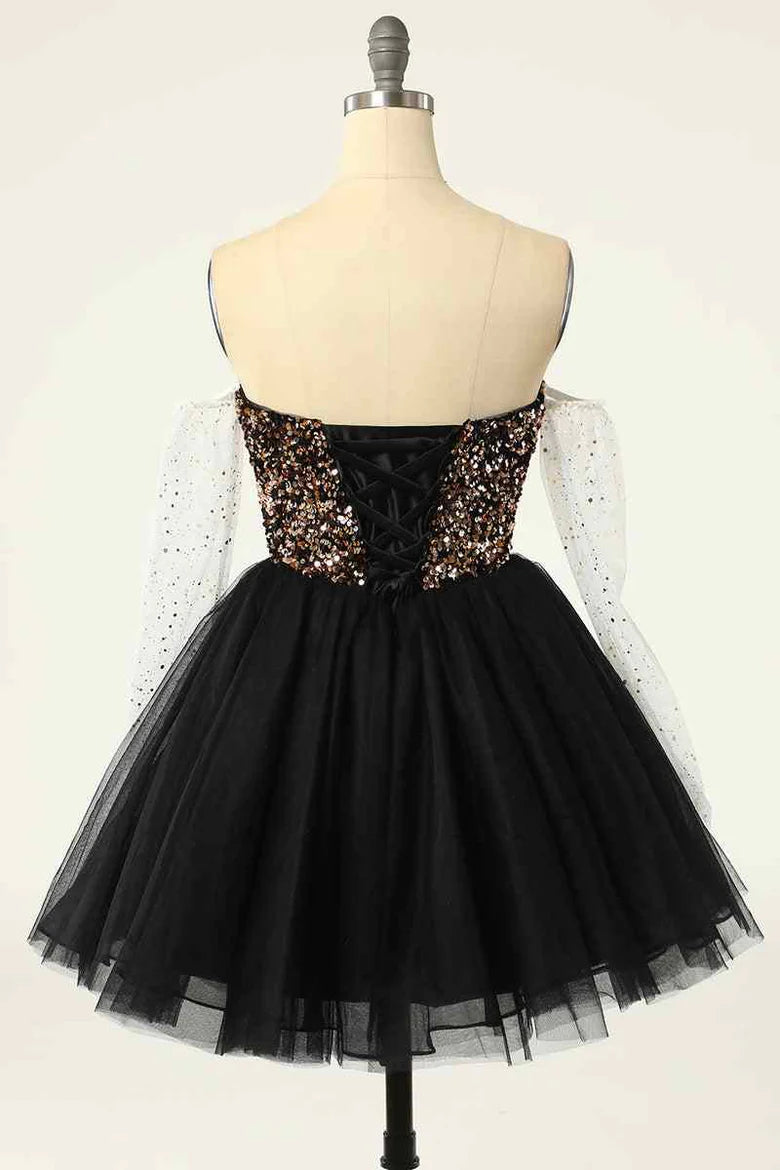 Side view of the elegant off-shoulder A-line dress.