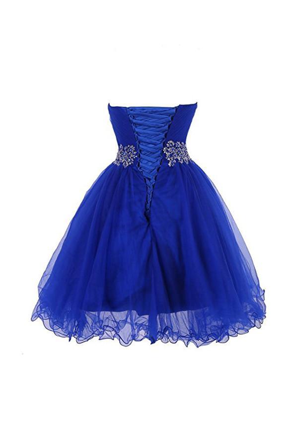 Back view of a sparkling A-line sweetheart beaded tulle long homecoming dress.