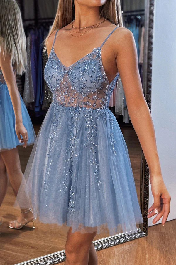 Full view of A-line V-neck mini tulle homecoming dress featuring sparkling sequins and beading.