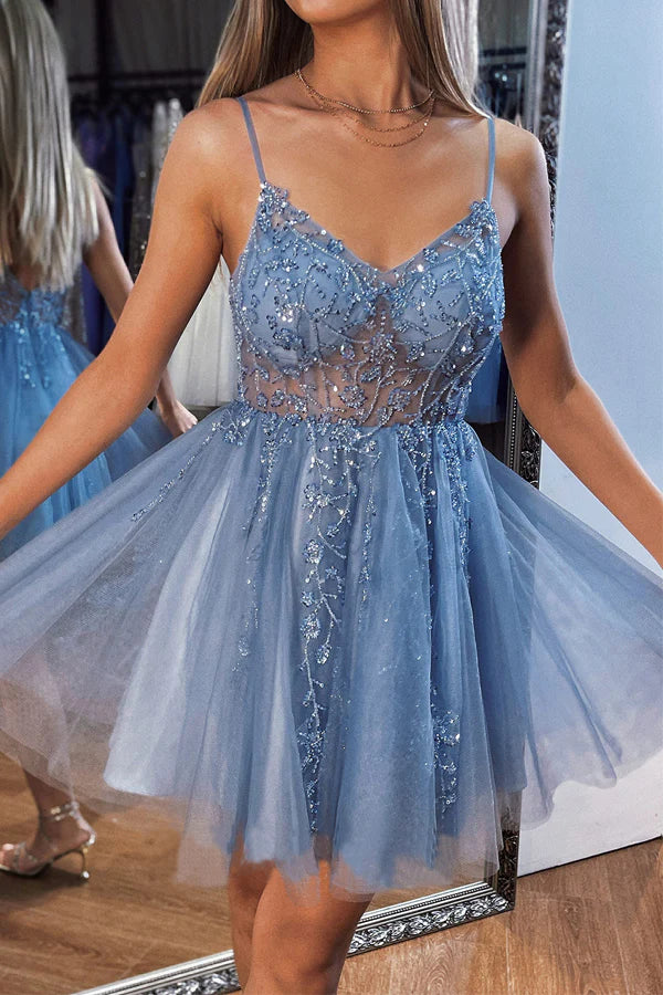 Back view of A-line V-neck mini tulle homecoming dress with elegant beading.