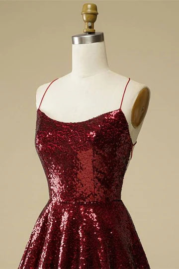Close-up of the sequin embellishments on the A-line mini homecoming dress.