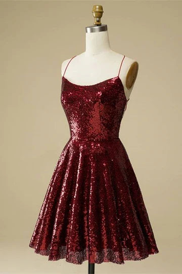 Side view of the A-line sequin mini homecoming dress, highlighting its silhouette.