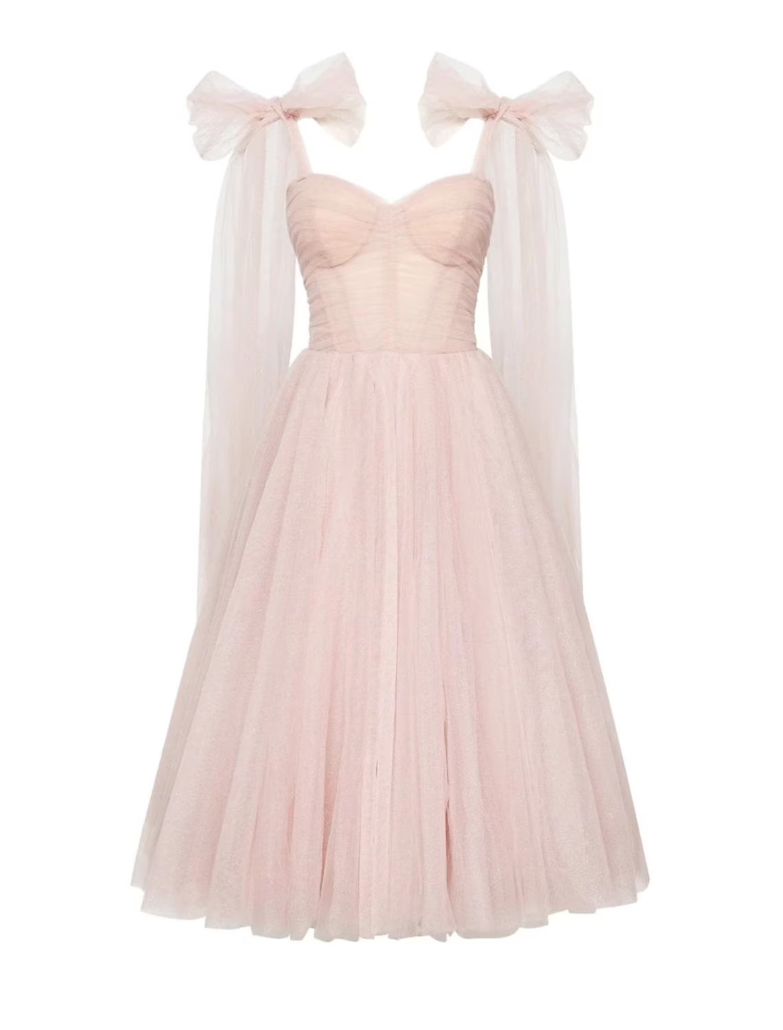 Sparkling tea-length ball gown homecoming dress with square neckline and glitter tulle.