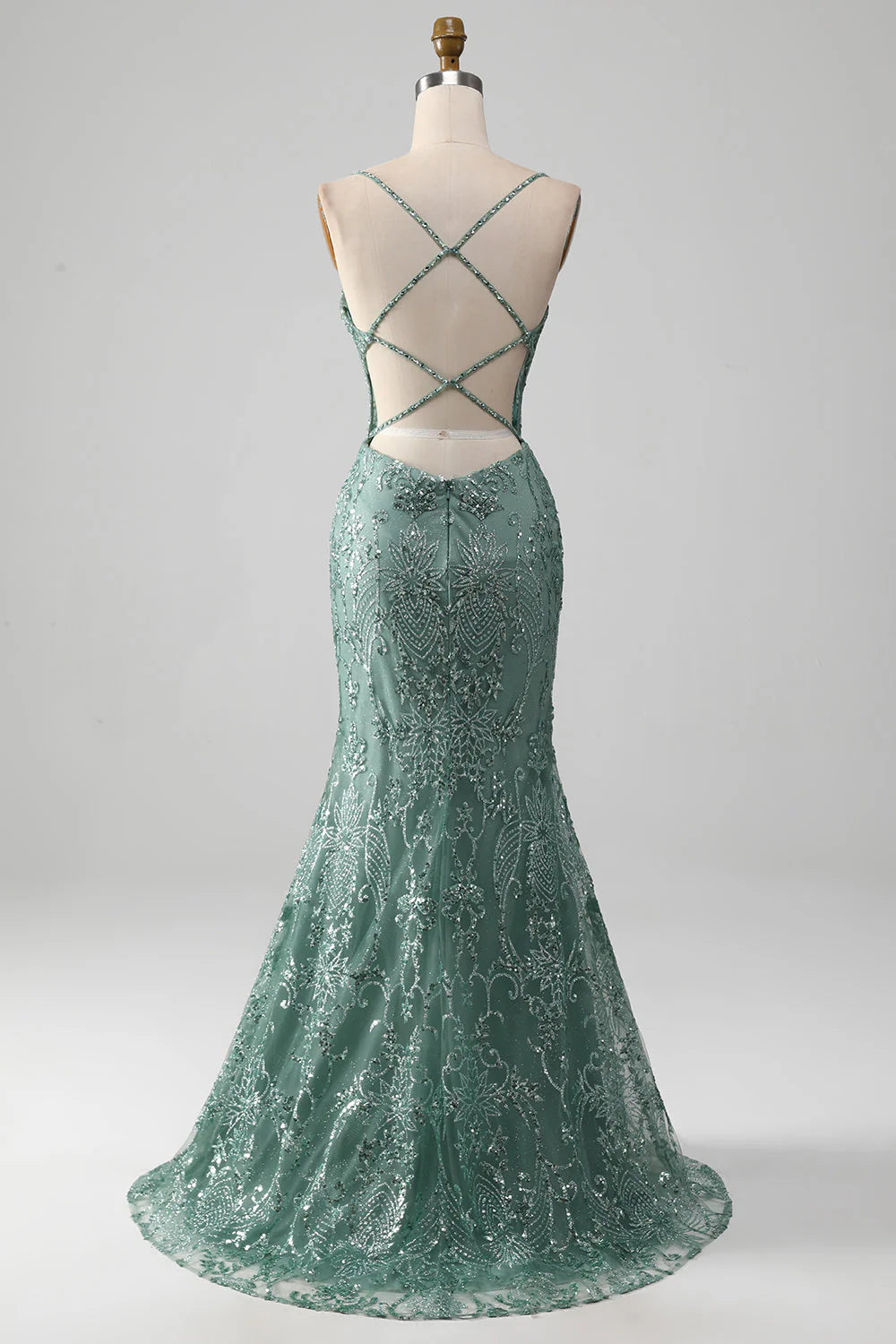 Front view of a sparkling beaded formal dress.