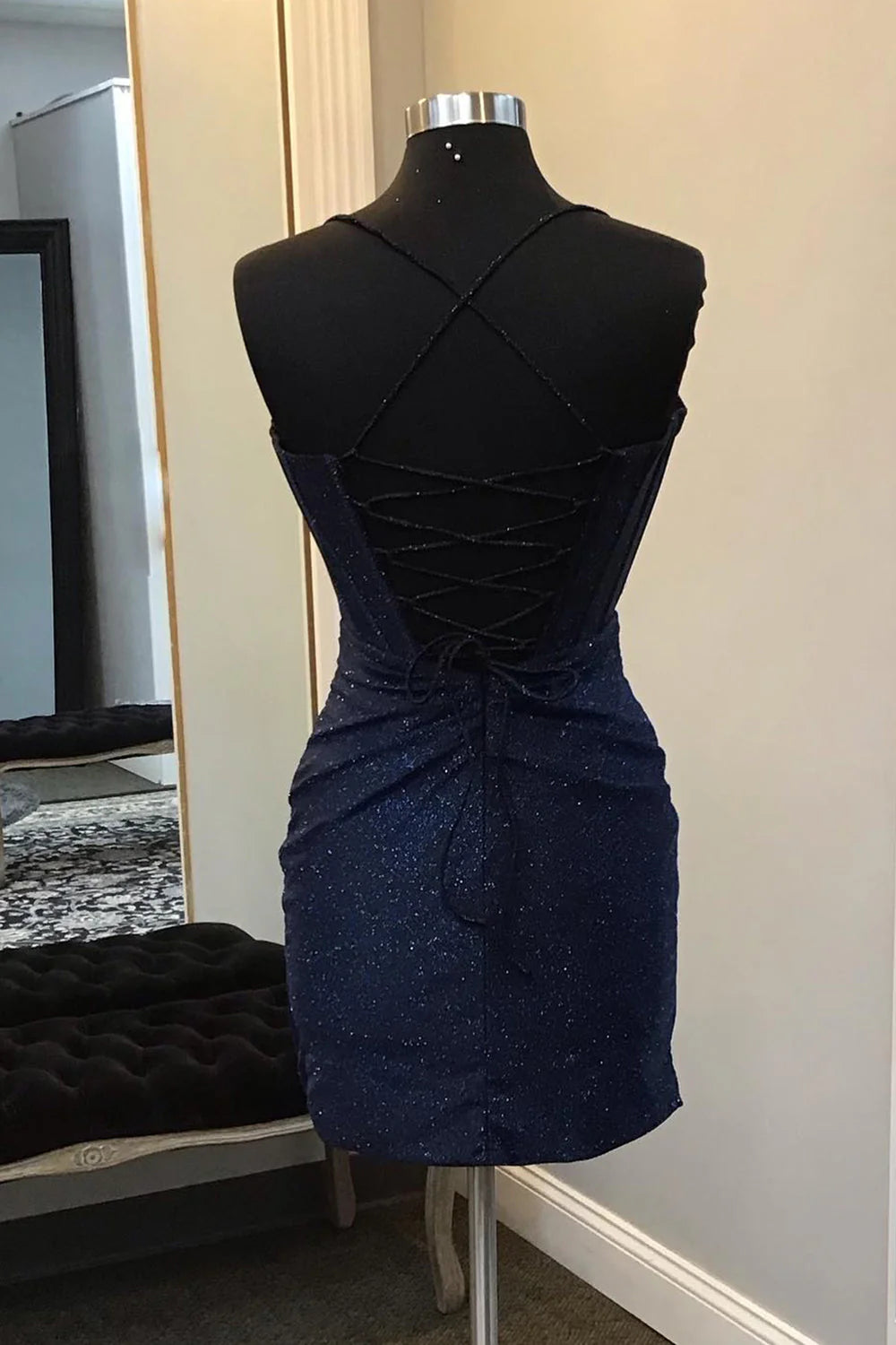 Side view of the A-line short homecoming dress.