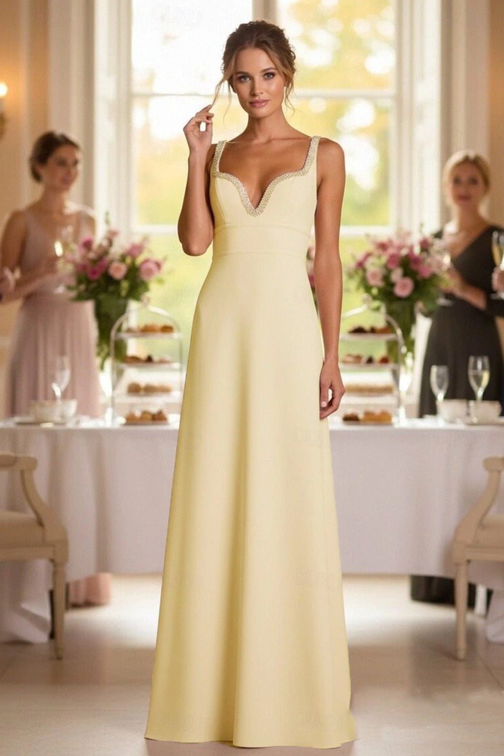 Sparkling beaded sweetheart neckline floor-length prom gown.