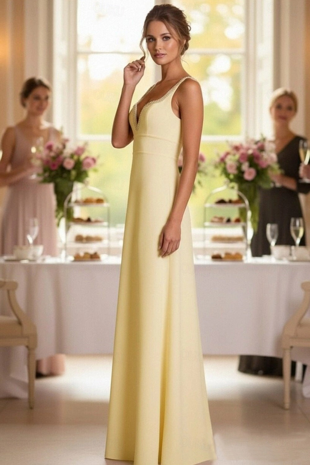 Close-up of beaded sweetheart neckline on a sleeveless dress.