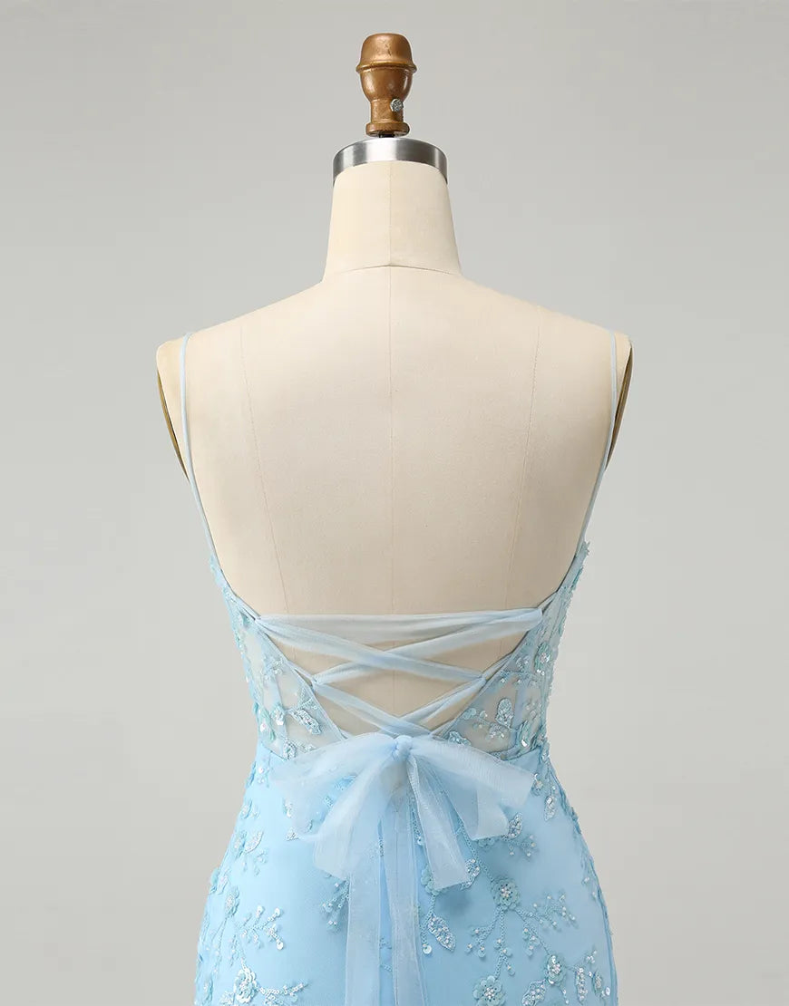Back view of the blue glitter homecoming dress, highlighting the sheath silhouette.