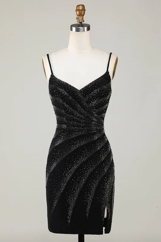 Hemline and fit of a short sparkling bodycon dress.