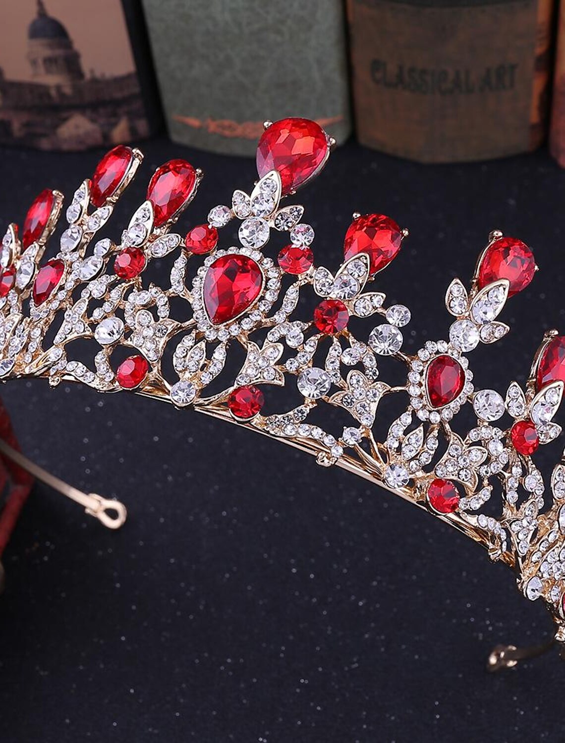 Detailed view of the sparkling crystal and rhinestone tiara.