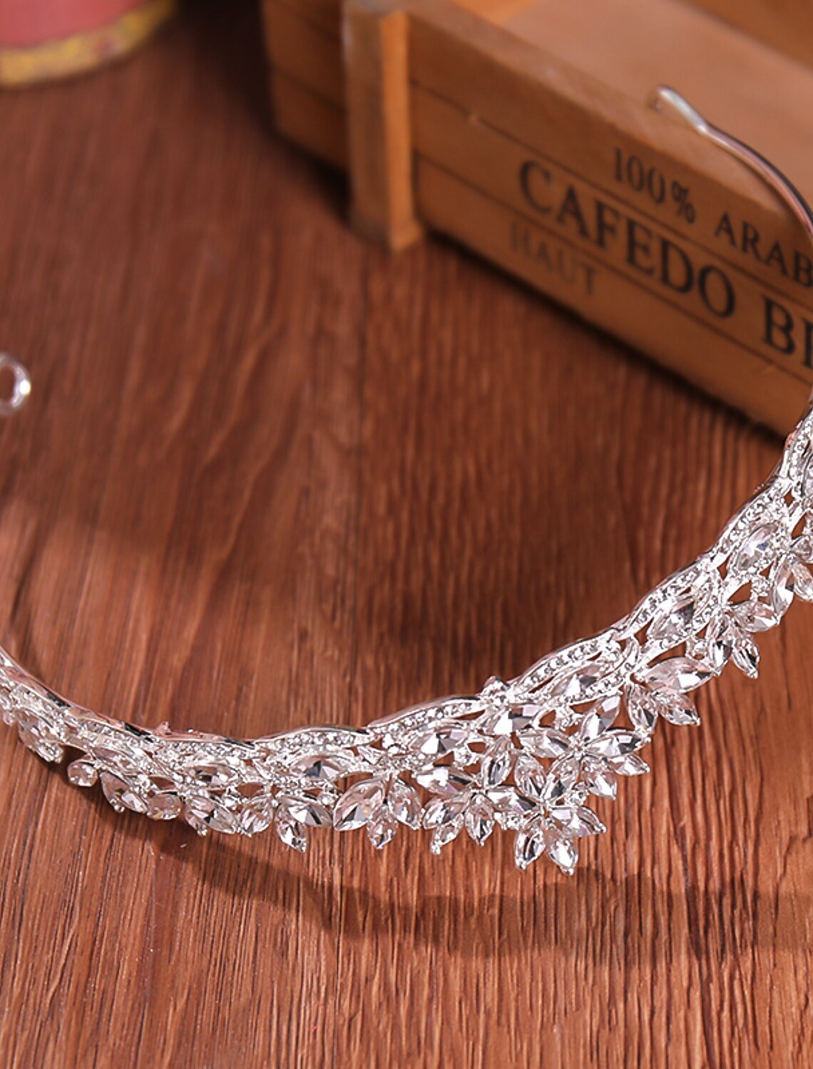 Side view of the vintage-inspired crystal crown.