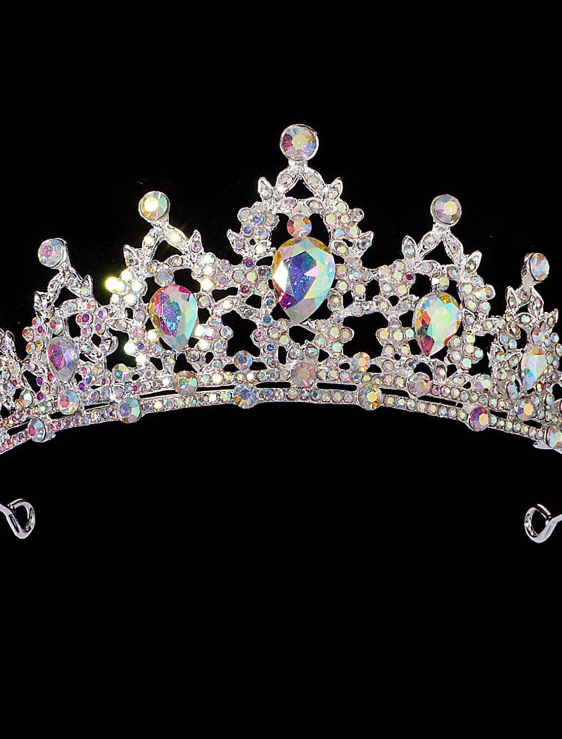 Close-up of a crystal wedding crown showing detailed craftsmanship.