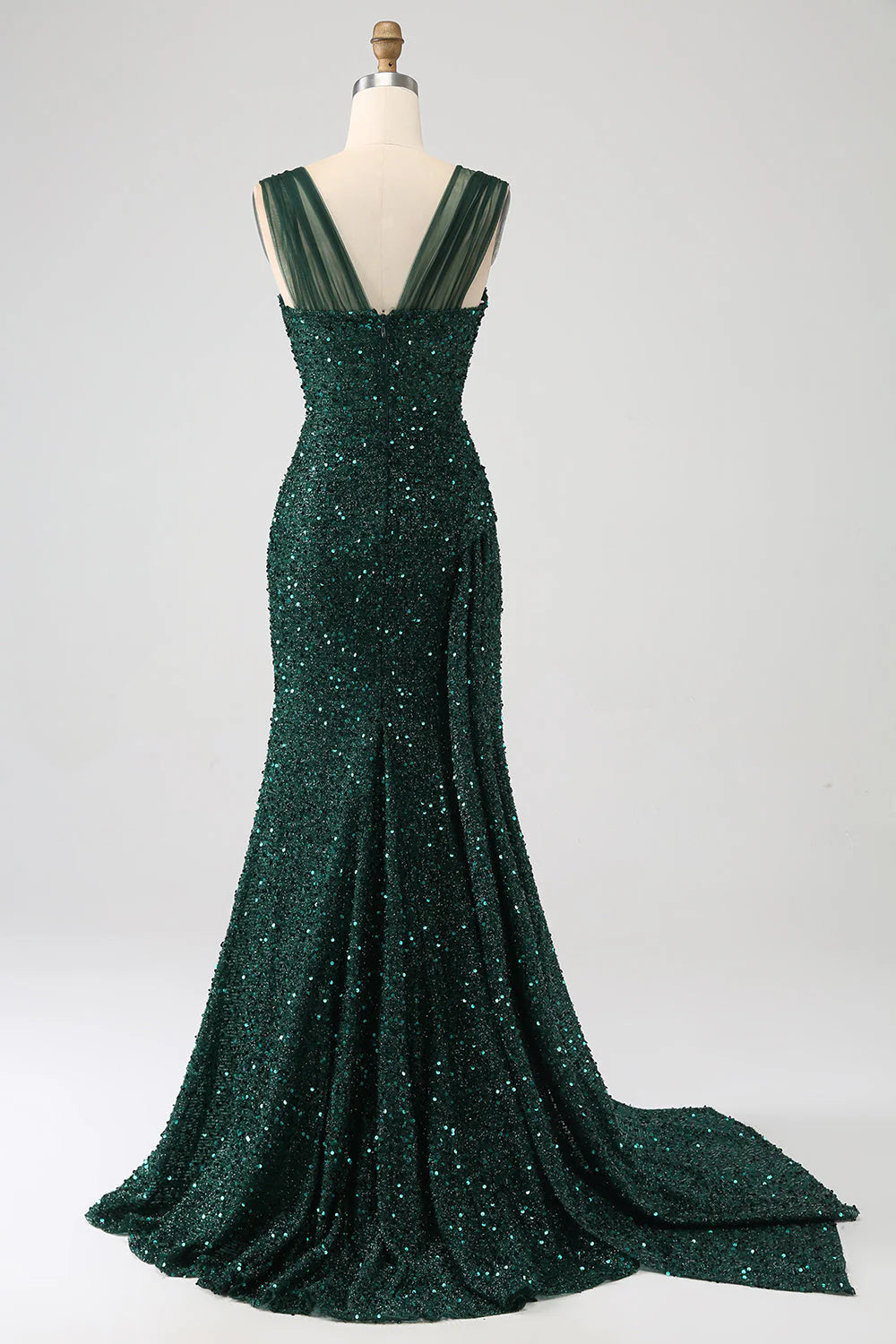 Side view of the dark green sequin sheath prom dress, highlighting the elegant pleating.