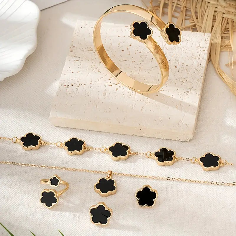 Sparkling flower alloy jewelry set with all pieces arranged.