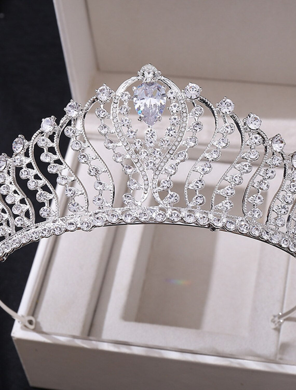 Close-up of a wedding crown tiara with intricate details.