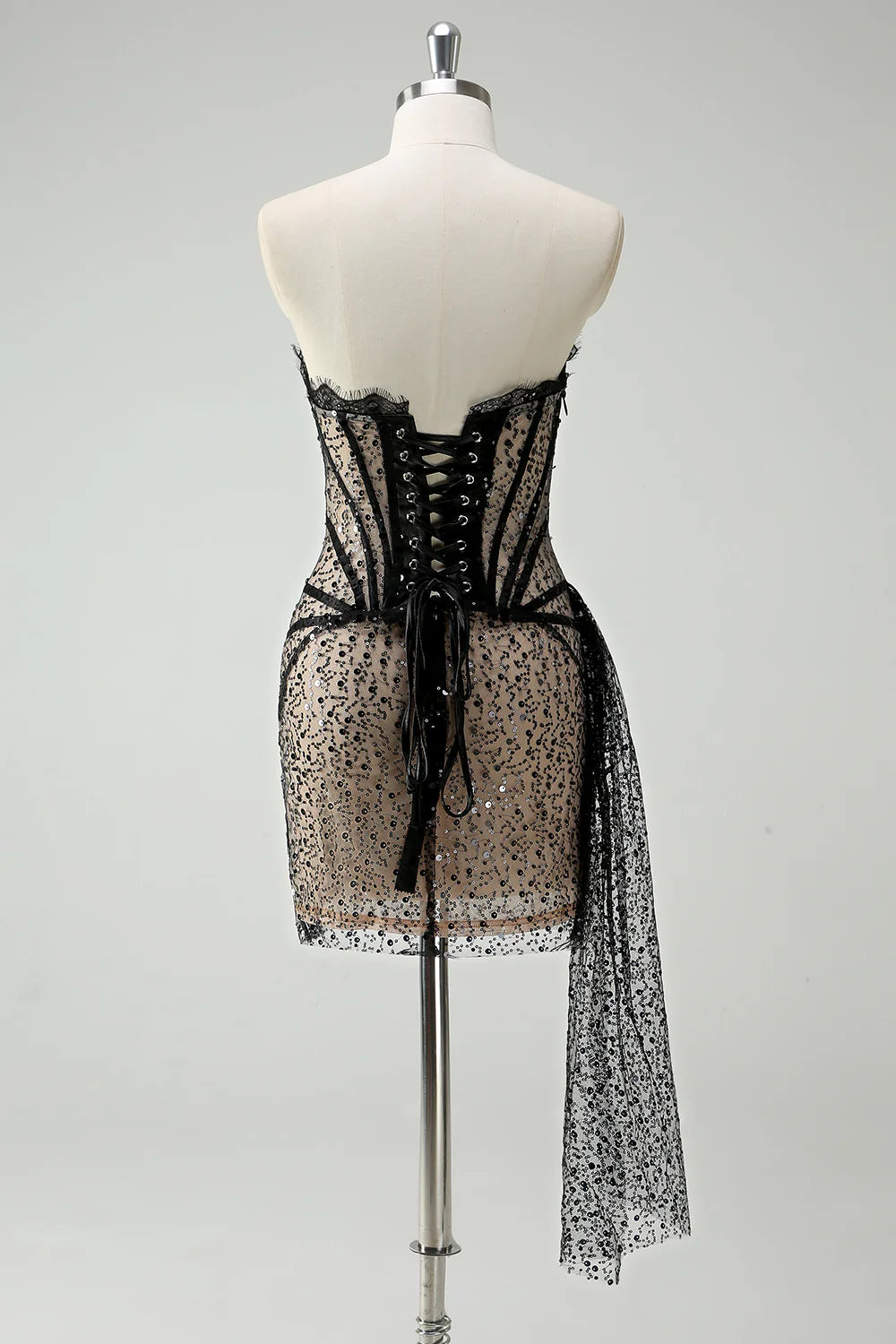 Side view of the sparkling glitter lace corset short homecoming dress.
