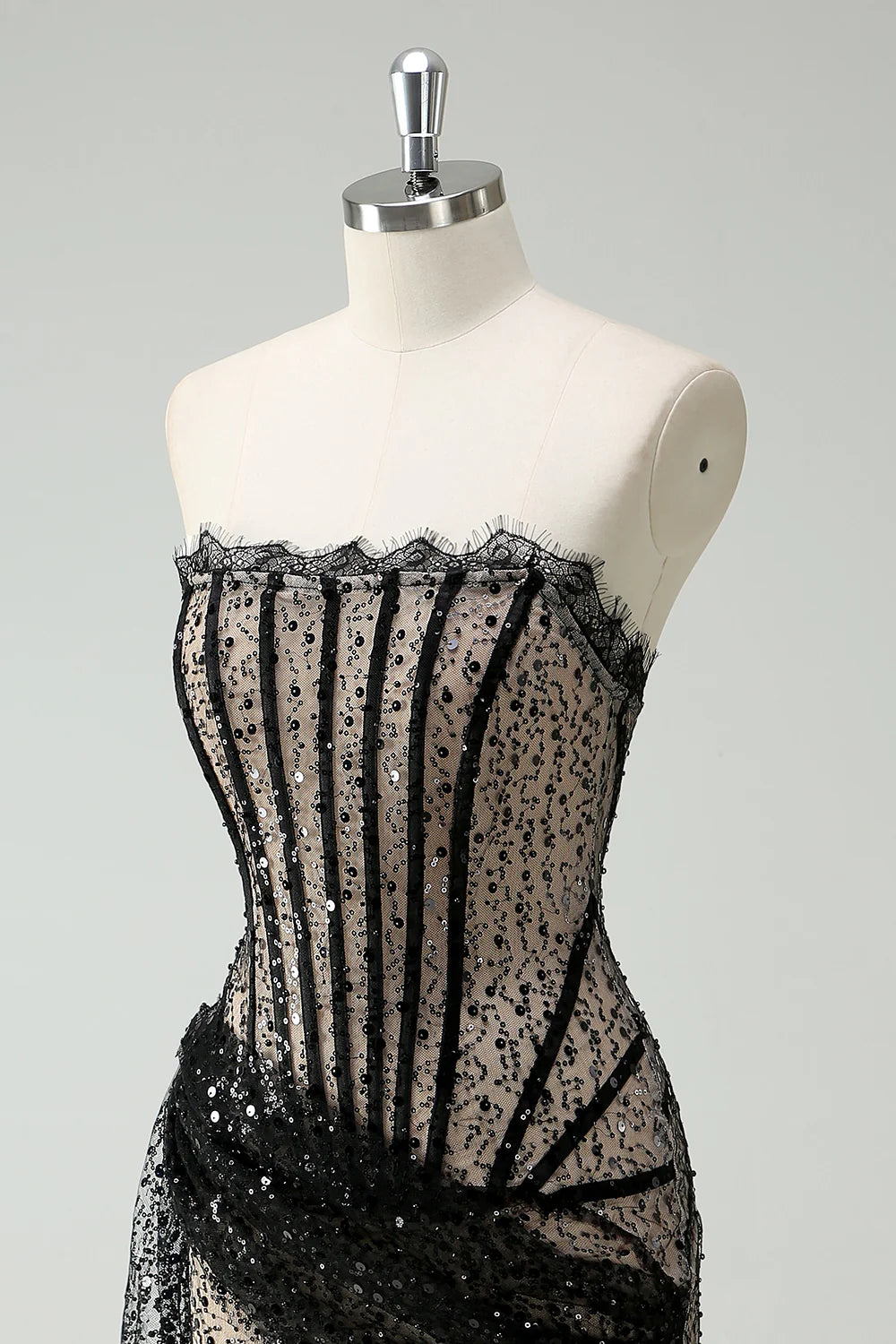 Elegant angle of the sparkling glitter lace corset short homecoming dress.