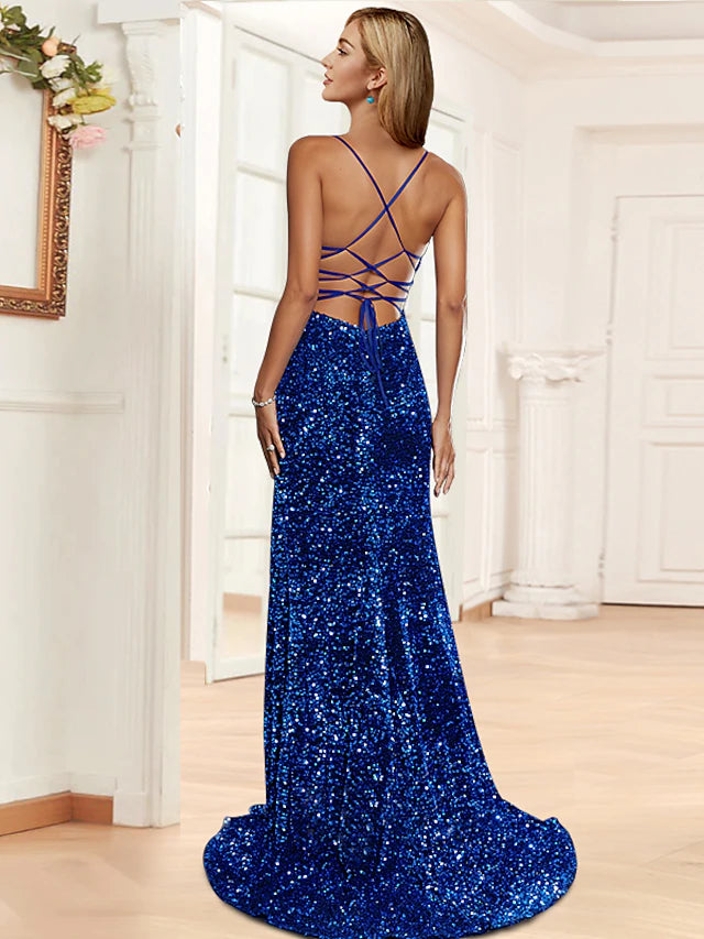 Elegant sequined mermaid dress with halter neckline and sweep train.