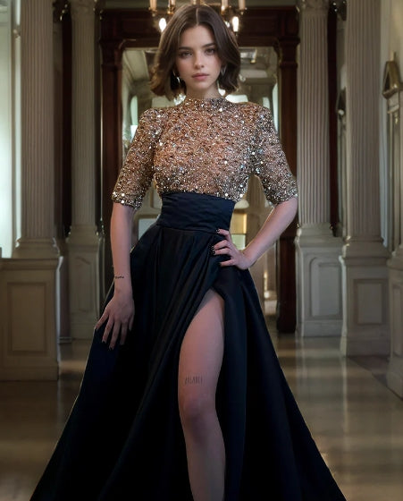 Sparkling high neck sequined long prom gown with a side slit.