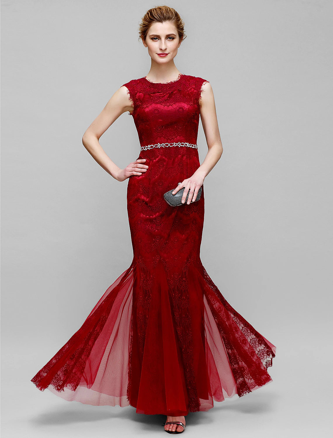 Elegant mermaid trumpet Mother of the Bride dress with jewel neck and ankle length.