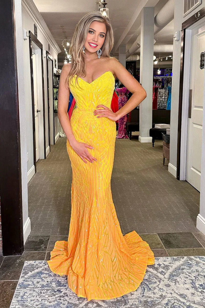 Yellow sequin mermaid prom dress, full length view.