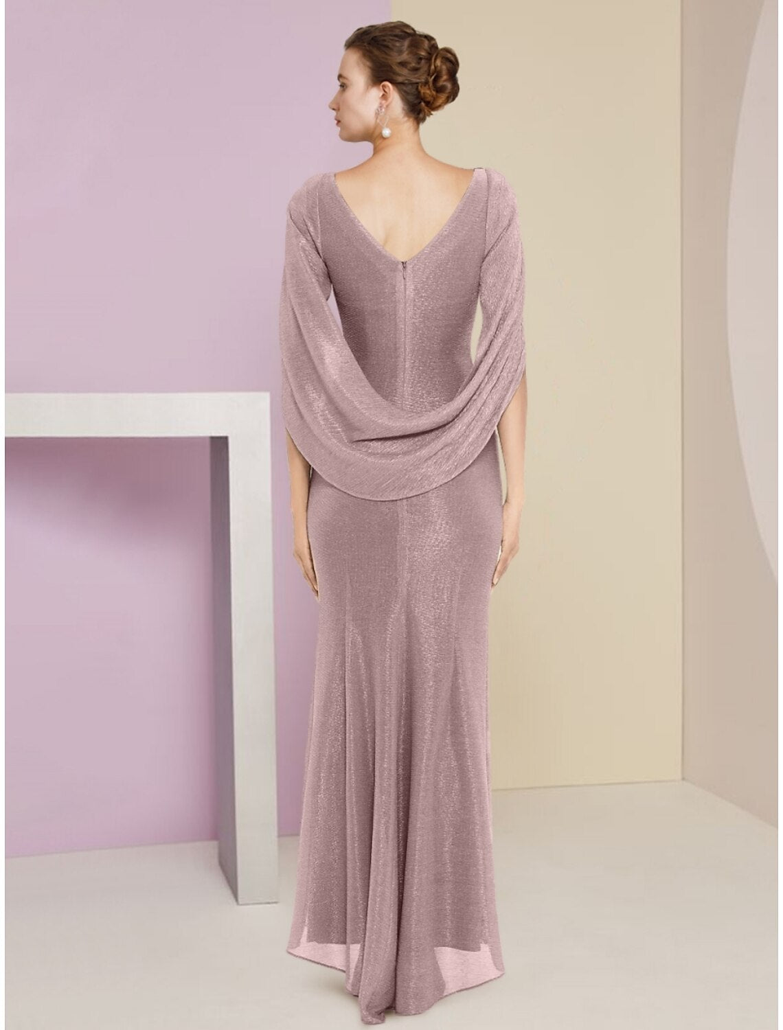 Side view of the Mother of the Bride dress showing sequin ruching.