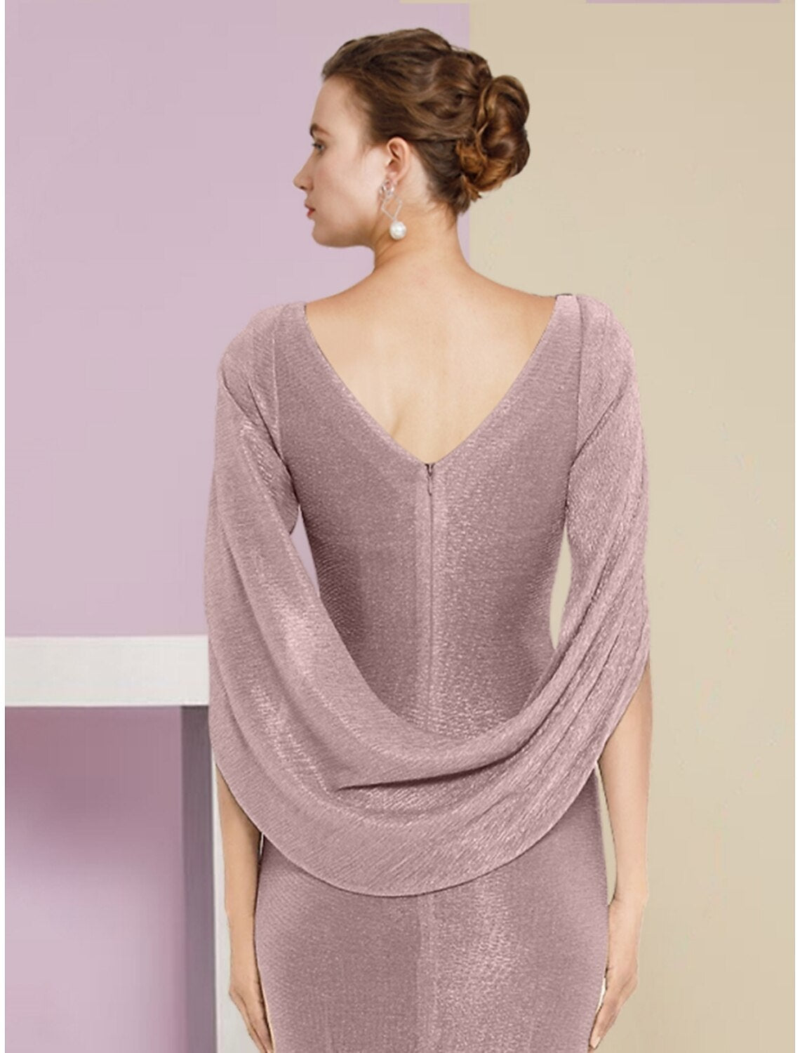 Back view of the ankle-length chiffon wedding guest dress.