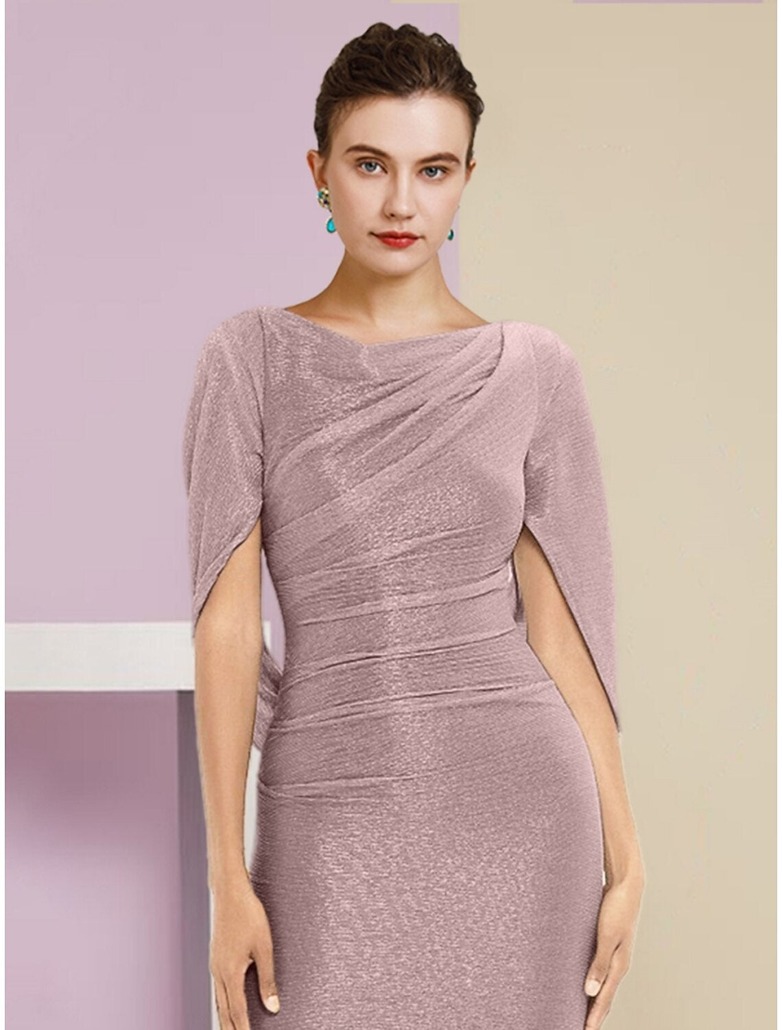 Full length view of the sparkling formal gown with scoop neck.