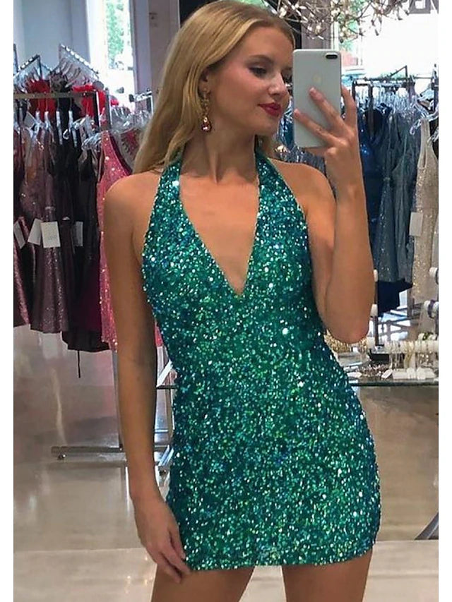 Sparkling sequined mermaid trumpet mini dress with V-neckline and fitted silhouette.