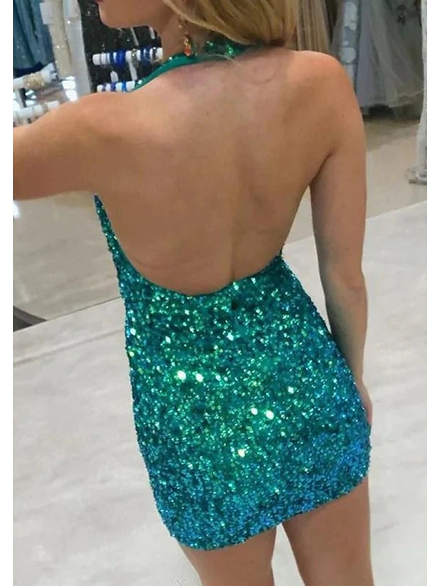Elegant backless sequined mermaid trumpet mini dress, showcasing intricate sequin details.